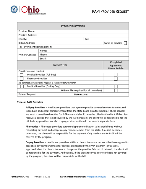Form HEA3425 Papi Provider Request - Ohio