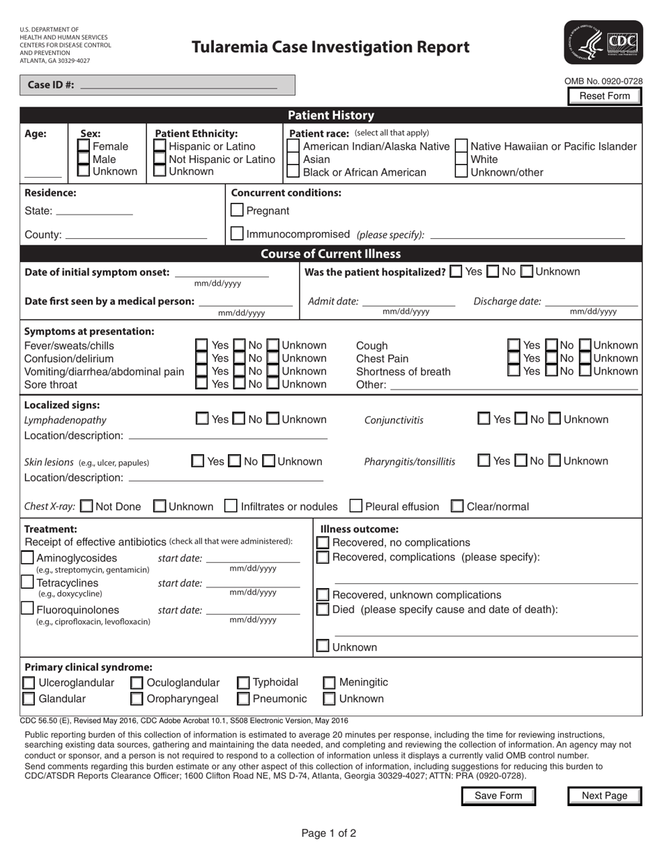 Form CDC56.50 (E) Tularemia Case Investigation Report, Page 1