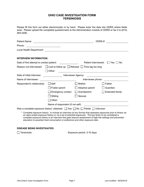 Ohio Case Investigation Form - Yersiniosis - Ohio Download Pdf