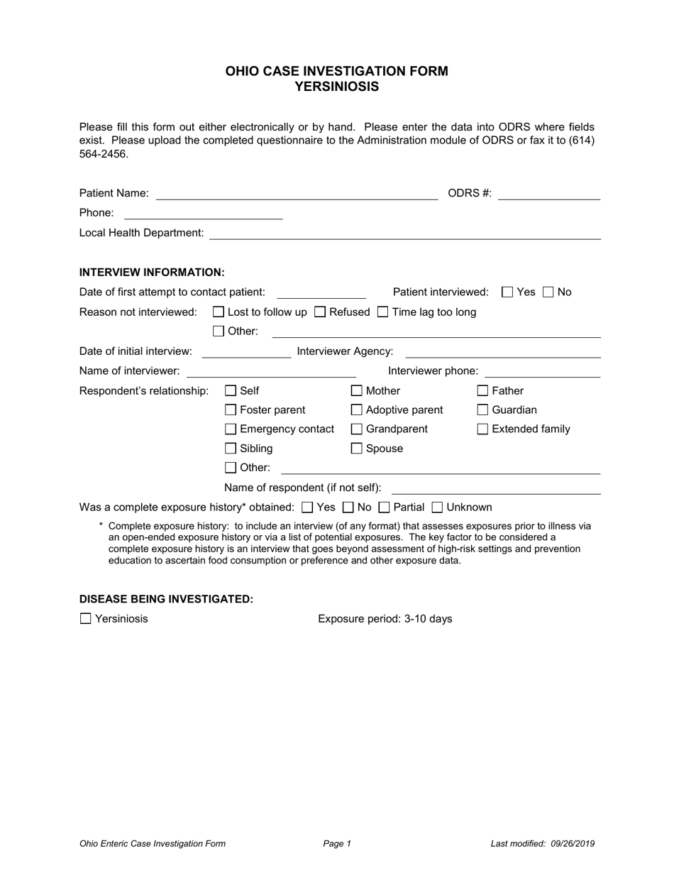 Ohio Case Investigation Form - Yersiniosis - Ohio, Page 1