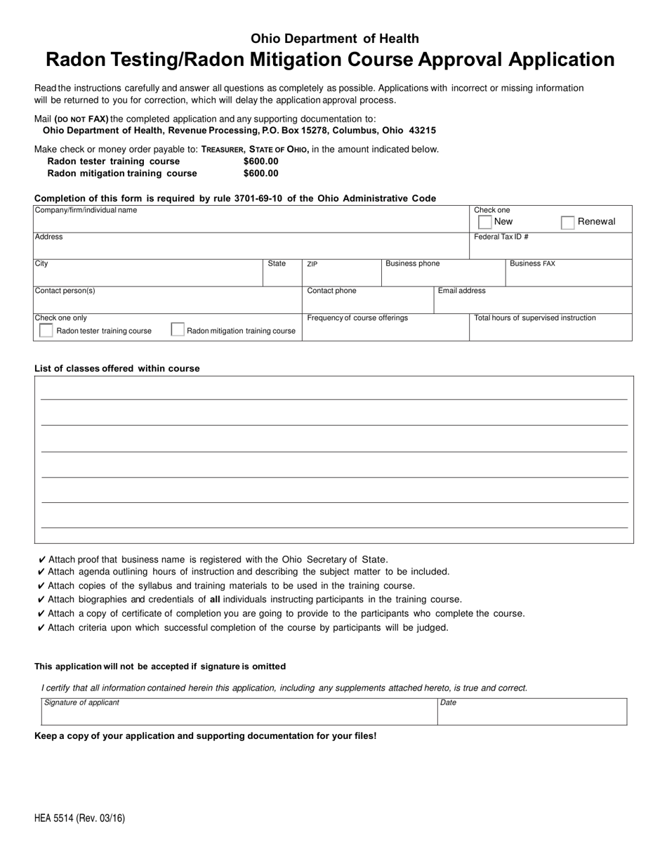 Form HEA5514 Radon Testing / Radon Mitigation Course Approval Application - Ohio, Page 1
