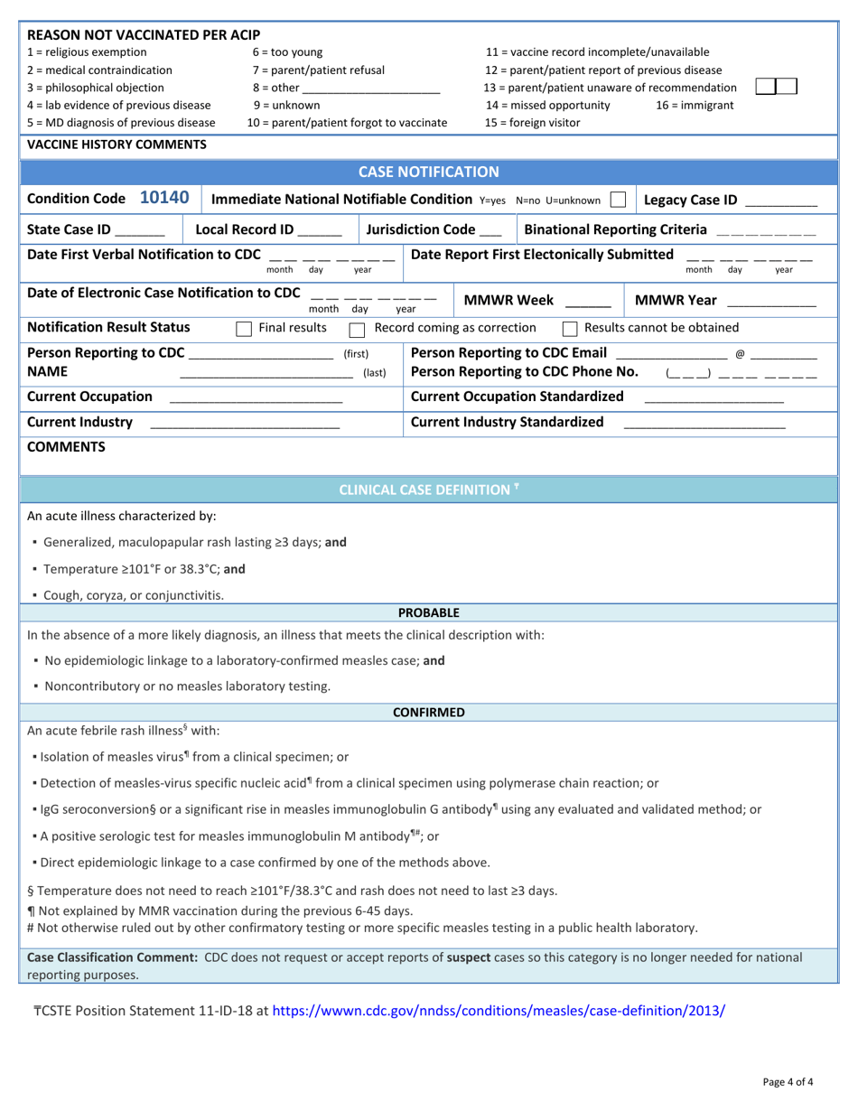 Appendix 8-4 Measles Surveillance Worksheet, Page 4
