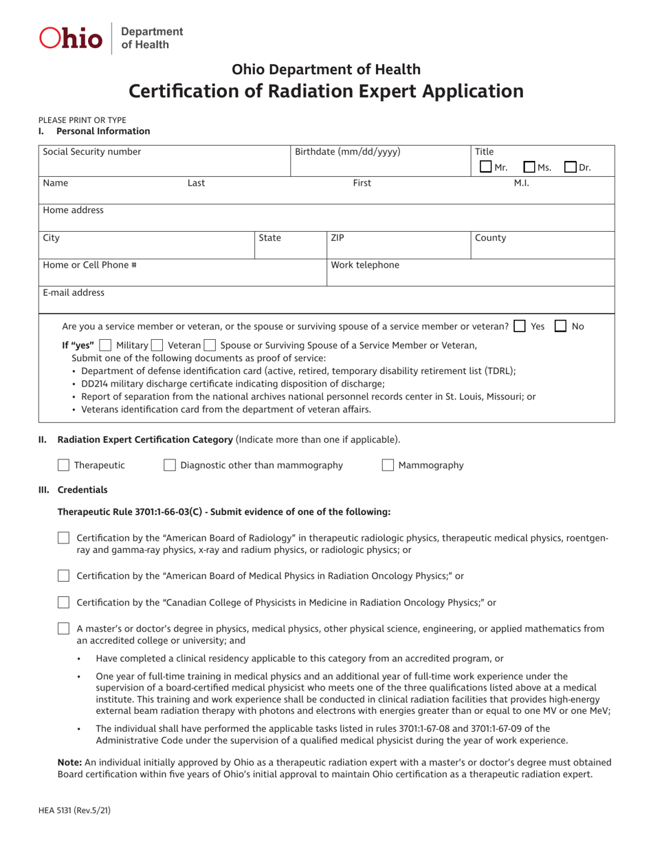 Form HEA5131 Certification of Radiation Expert Application - Ohio, Page 1