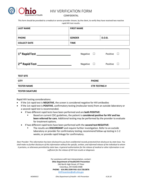 Form HEA3415 HIV Verification Form - Ohio