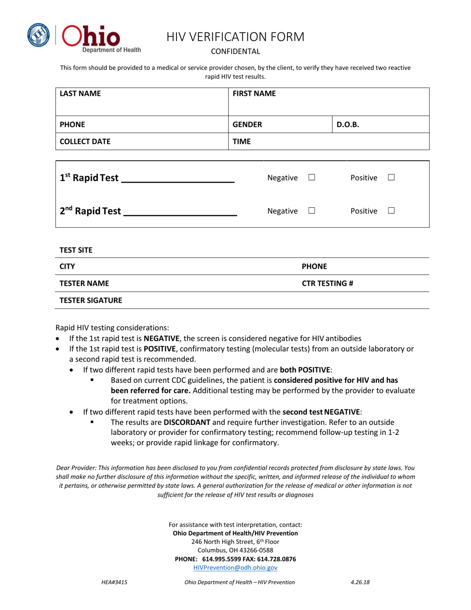 Form HEA3415 HIV Verification Form - Ohio, Page 1
