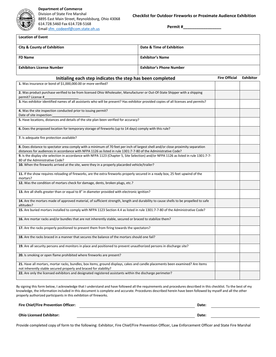 Checklist for Outdoor Fireworks or Proximate Audience Exhibition - Ohio, Page 1