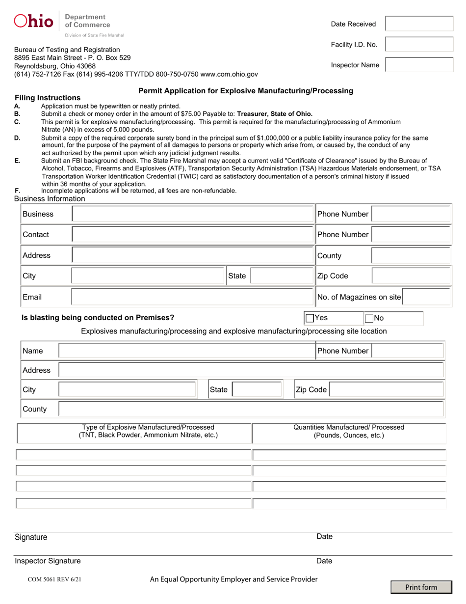 Form COM5061 Permit Application for Explosive Manufacturing / Processing - Ohio, Page 1