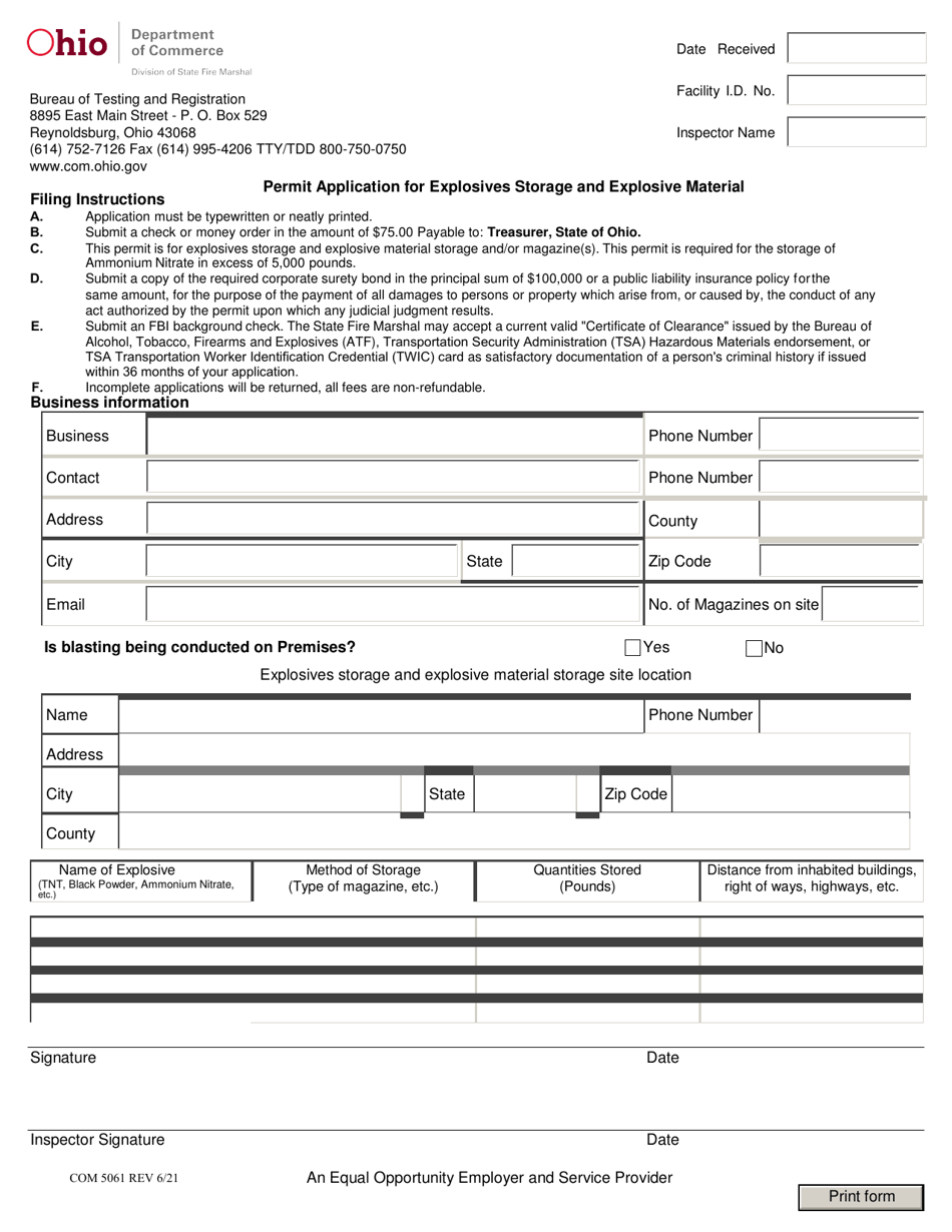 Form COM5061 Permit Application for Explosives Storage and Explosive Material - Ohio, Page 1