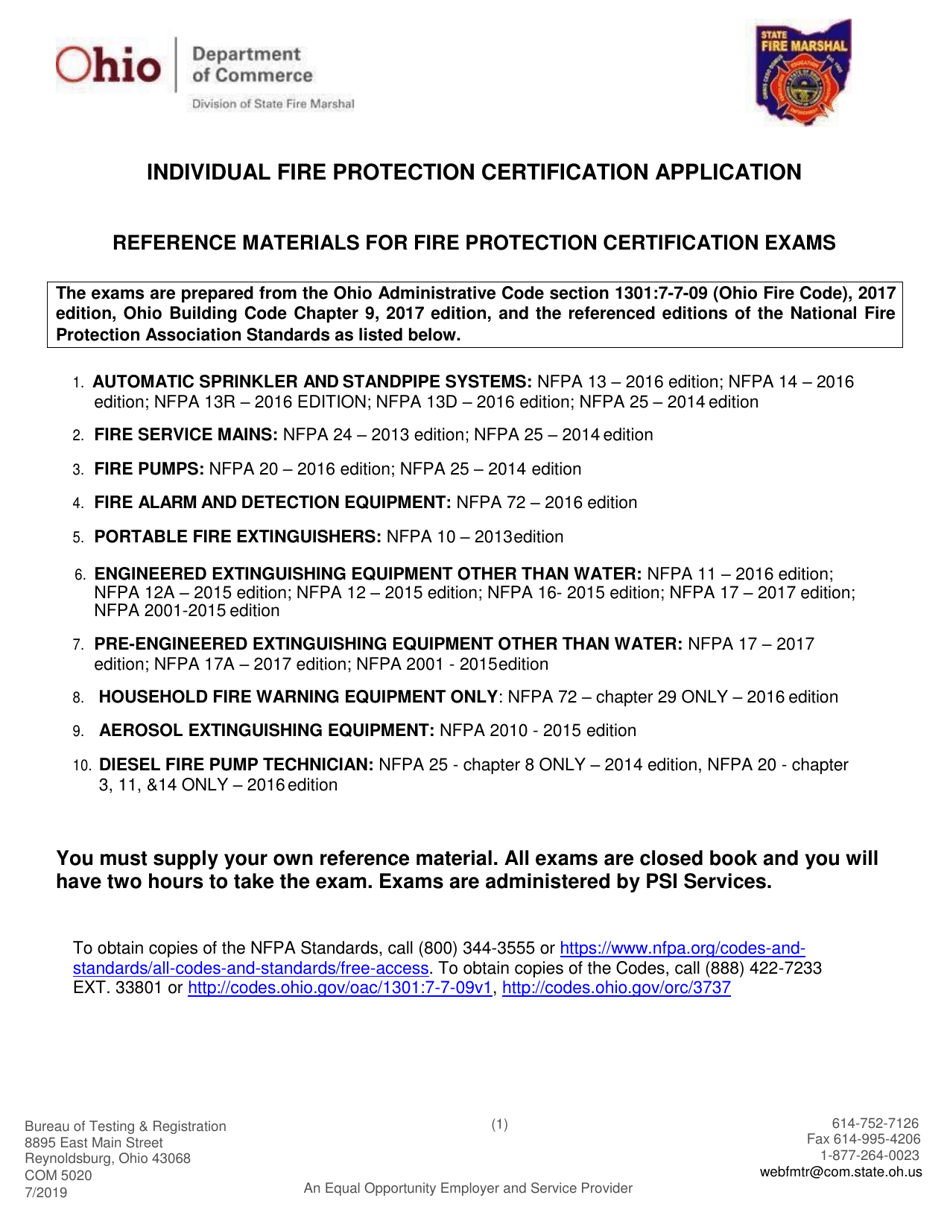 Form COM5020 Application for Individual Fire Protection Certification - Ohio, Page 1