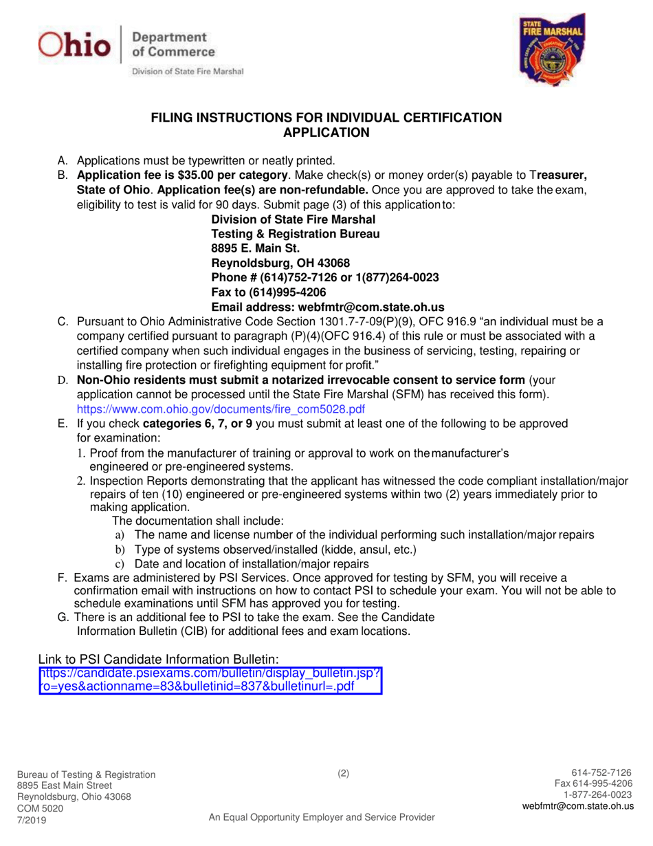 Form COM5020 Application for Individual Fire Protection Certification - Ohio, Page 2