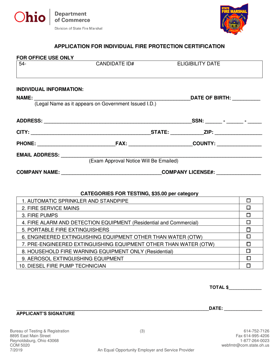 Form COM5020 Application for Individual Fire Protection Certification - Ohio, Page 3