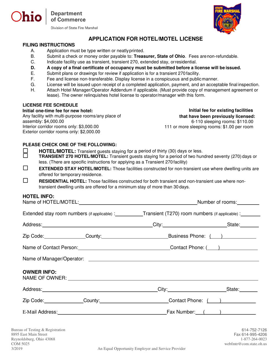 Form COM5025 Application for Hotel / Motel License - Ohio, Page 1