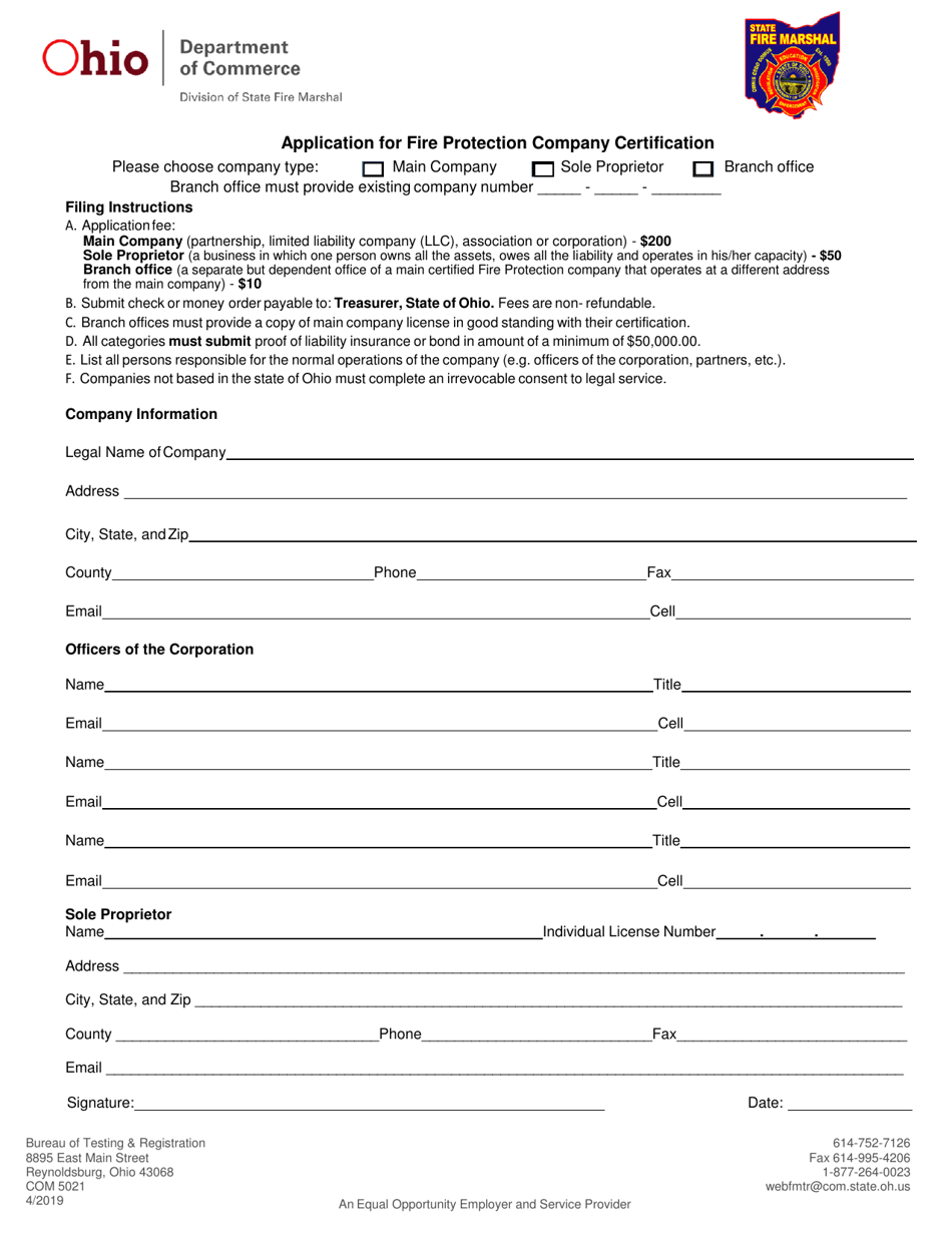 Form COM5021 Application for Fire Protection Company Certification - Ohio, Page 1
