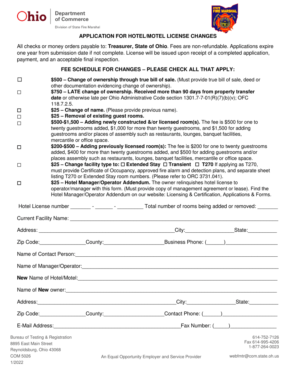 Form COM5026 Application for Hotel / Motel License Changes - Ohio, Page 1
