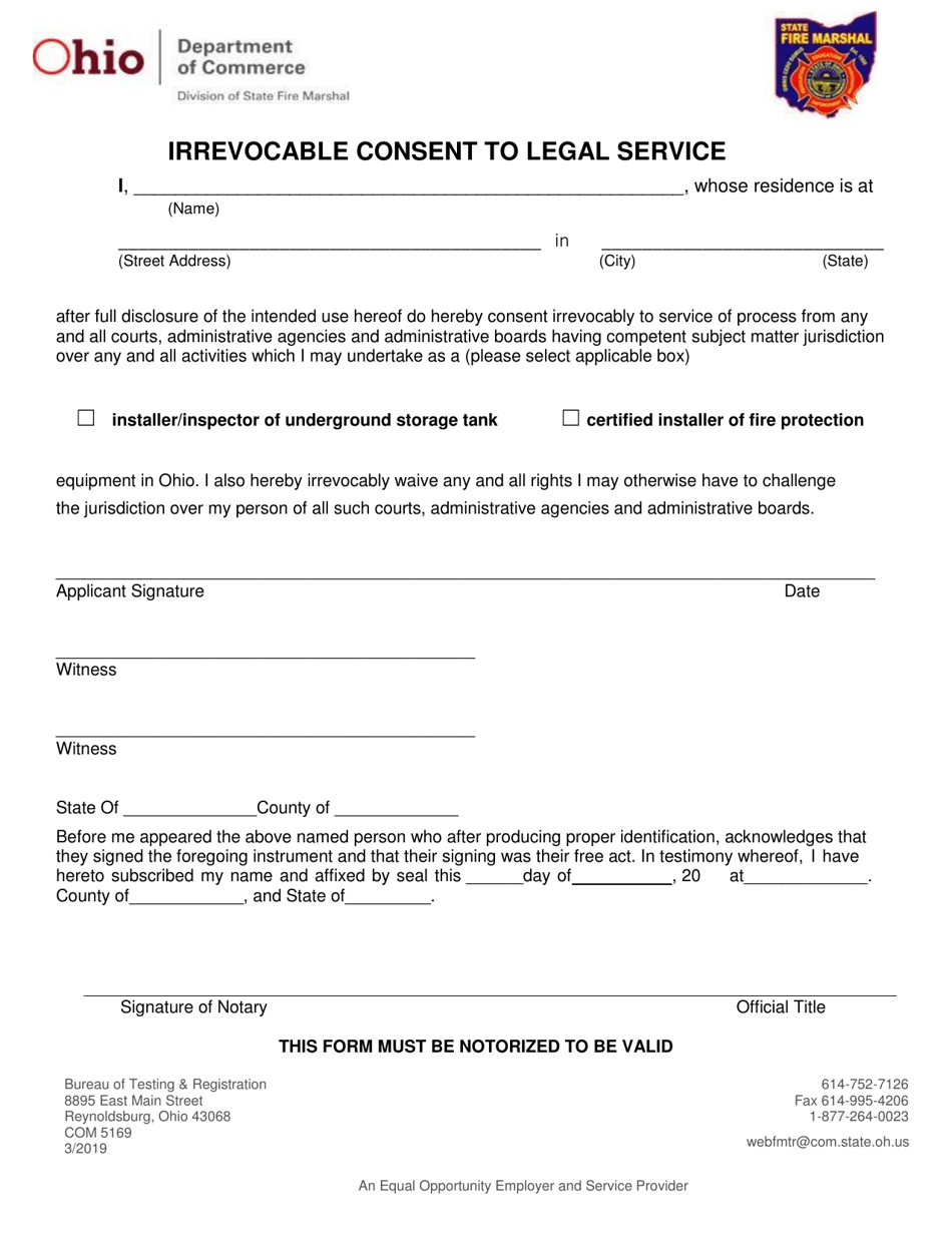 Form COM5169 Irrevocable Consent to Legal Service - Ohio, Page 1