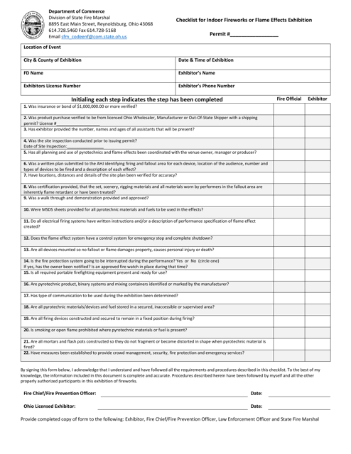 Checklist for Indoor Fireworks or Flame Effects Exhibition - Ohio Download Pdf