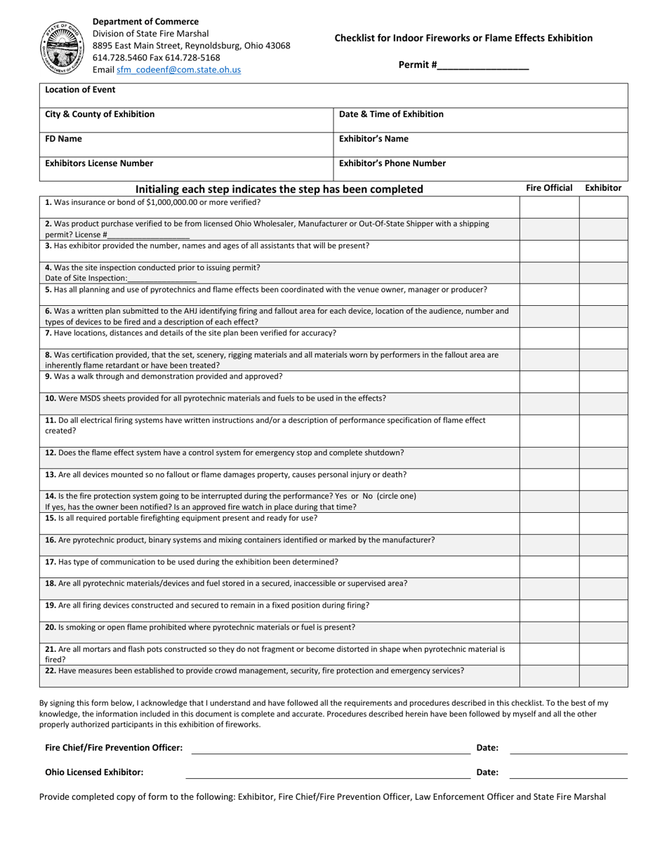 Checklist for Indoor Fireworks or Flame Effects Exhibition - Ohio, Page 1