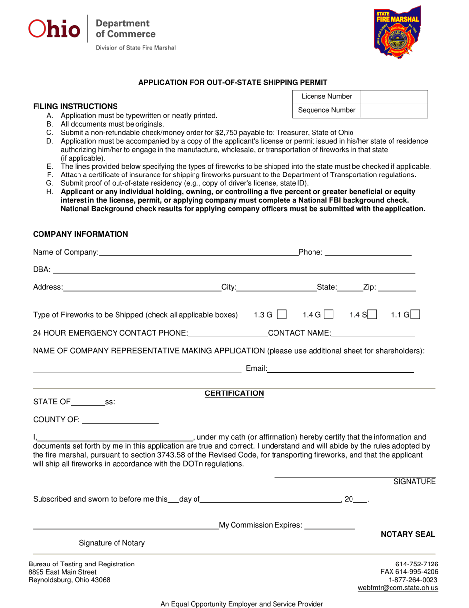 Application for Out-of-State Shipping Permit - Ohio, Page 1