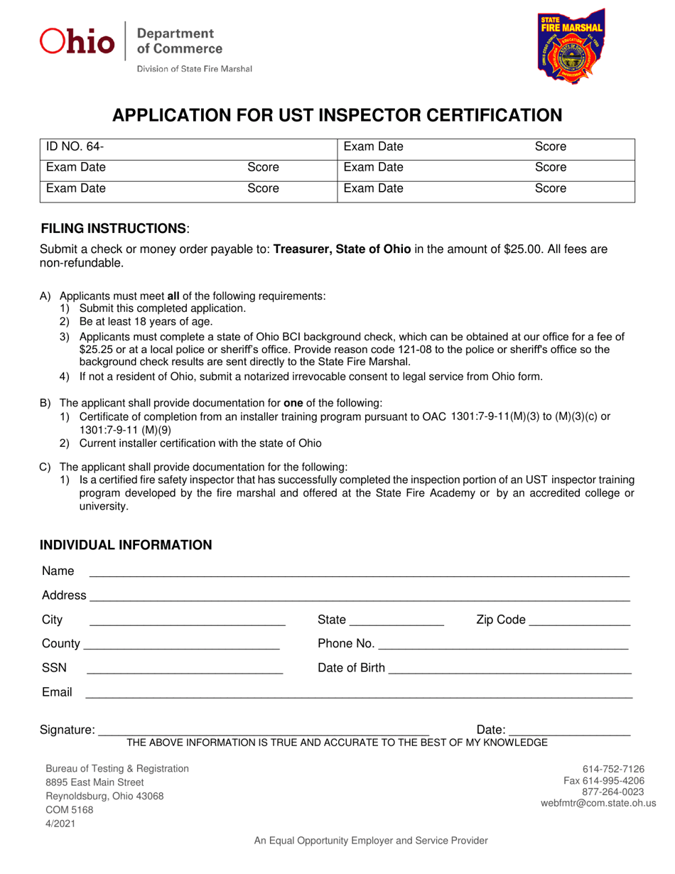 Form COM5168 Application for Ust Inspector Certification - Ohio, Page 1