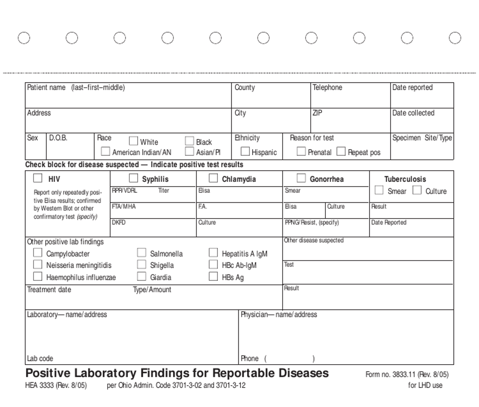 Form HEA3333 (3833.11) Positive Laboratory Findings for Reportable Diseases - Ohio, Page 1