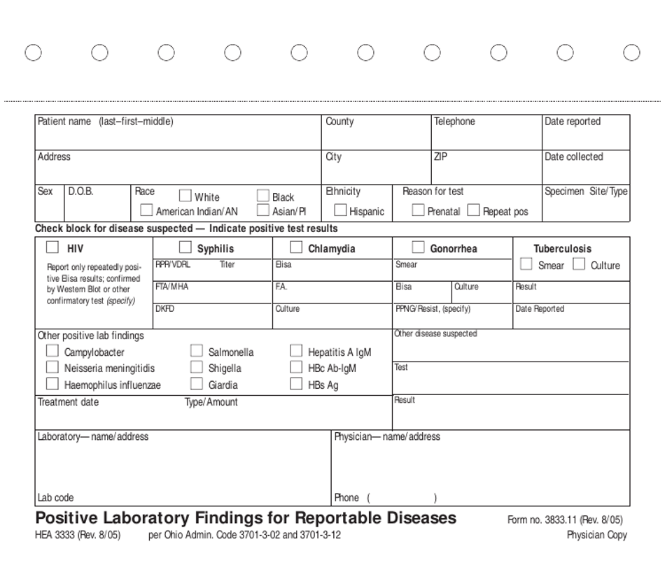 Form HEA3333 (3833.11) Positive Laboratory Findings for Reportable Diseases - Ohio, Page 3