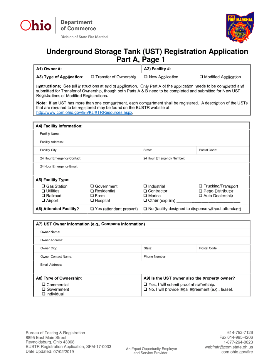 Form SFM-17-0033 Underground Storage Tank (Ust) Registration Application - Ohio, Page 1