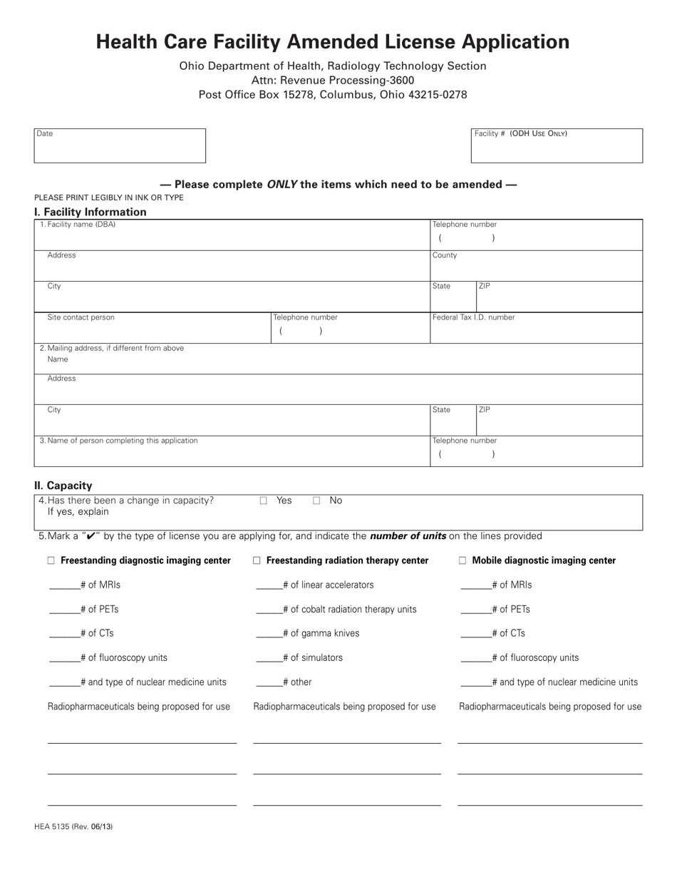 Form HEA5135 Health Care Facility Amended License Application - Ohio, Page 1