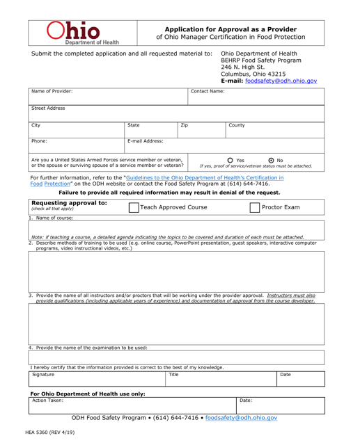 Form HEA5360 Application for Approval as a Provider of Ohio Manager Certification in Food Protection - Ohio
