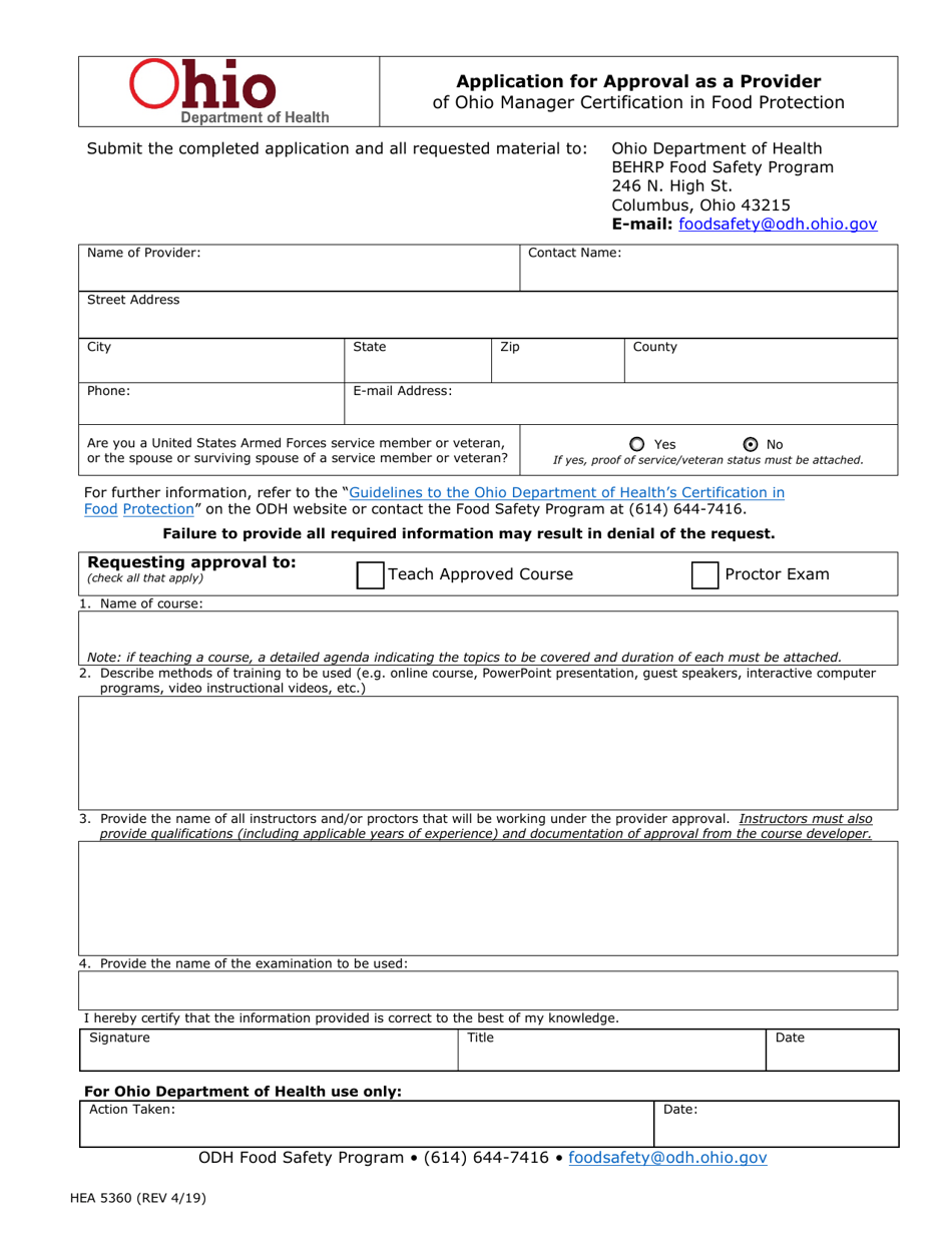 Form HEA5360 Application for Approval as a Provider of Ohio Manager Certification in Food Protection - Ohio, Page 1