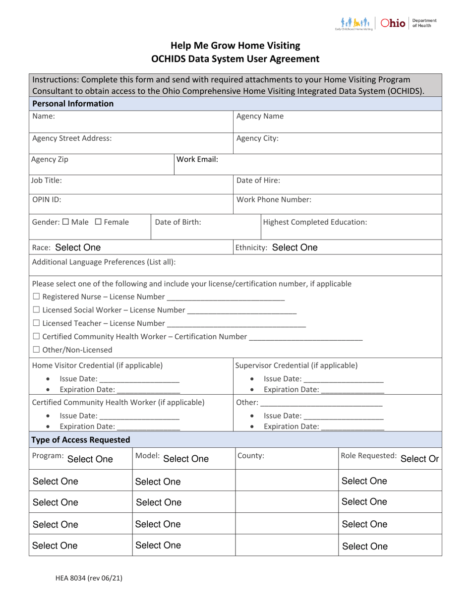 Form HEA8034 Help Me Grow Home Visiting Ochids Data System User Agreement - Ohio, Page 1