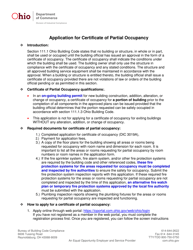 Document preview: Form DIC3019A Application for Certificate of Partial Occupancy - Ohio