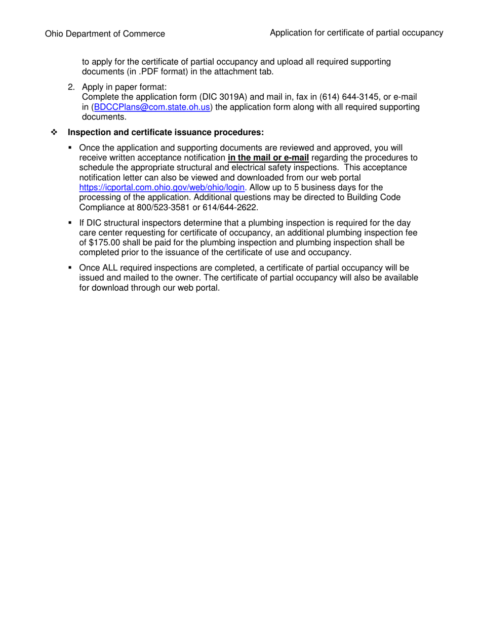 Form DIC3019A Application for Certificate of Partial Occupancy - Ohio, Page 2