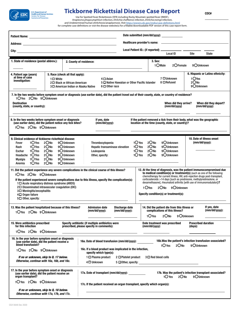 Form CS313648 Tickborne Rickettsial Disease Case Report, Page 1