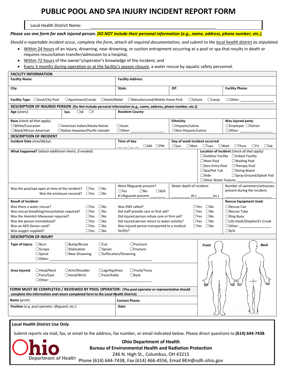 Public Pool and SPA Injury Incident Report Form - Ohio, Page 1