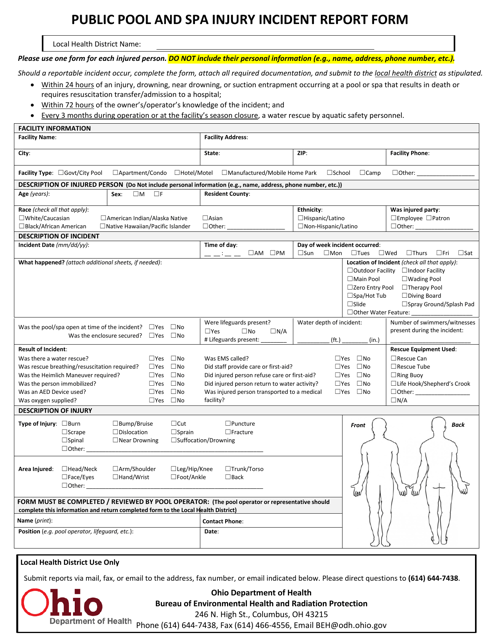 Public Pool and SPA Injury Incident Report Form - Ohio Download Pdf
