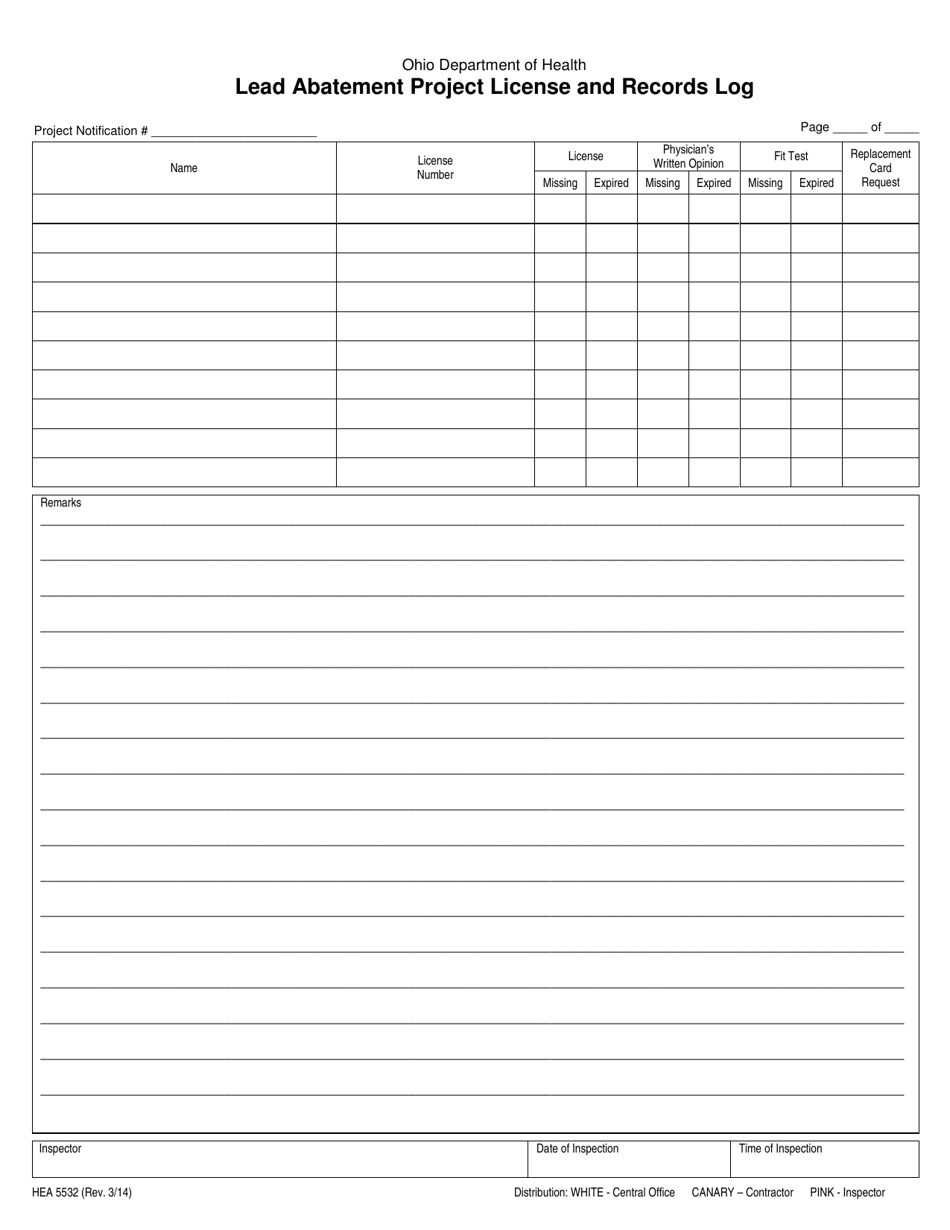 Form HEA5532 Lead Abatement Project License and Records Log - Ohio, Page 1
