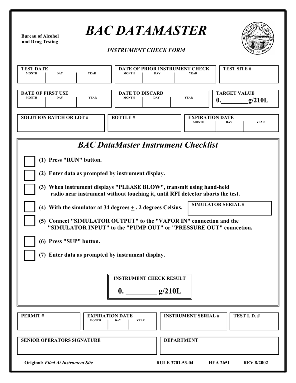 Form HEA2651 Bac Datamaster Instrument Check Form - Ohio, Page 1