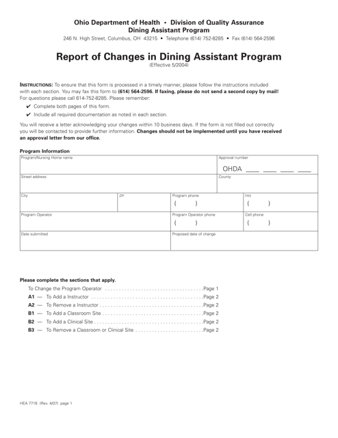 Form HEA7716 Report of Changes in Dining Assistant Program - Ohio
