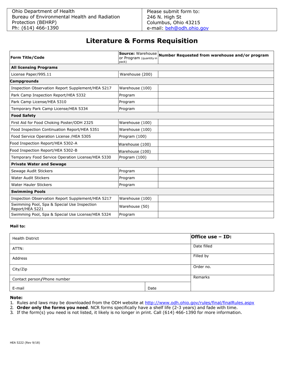 Form HEA5222 Literature  Forms Requisition - Ohio, Page 1