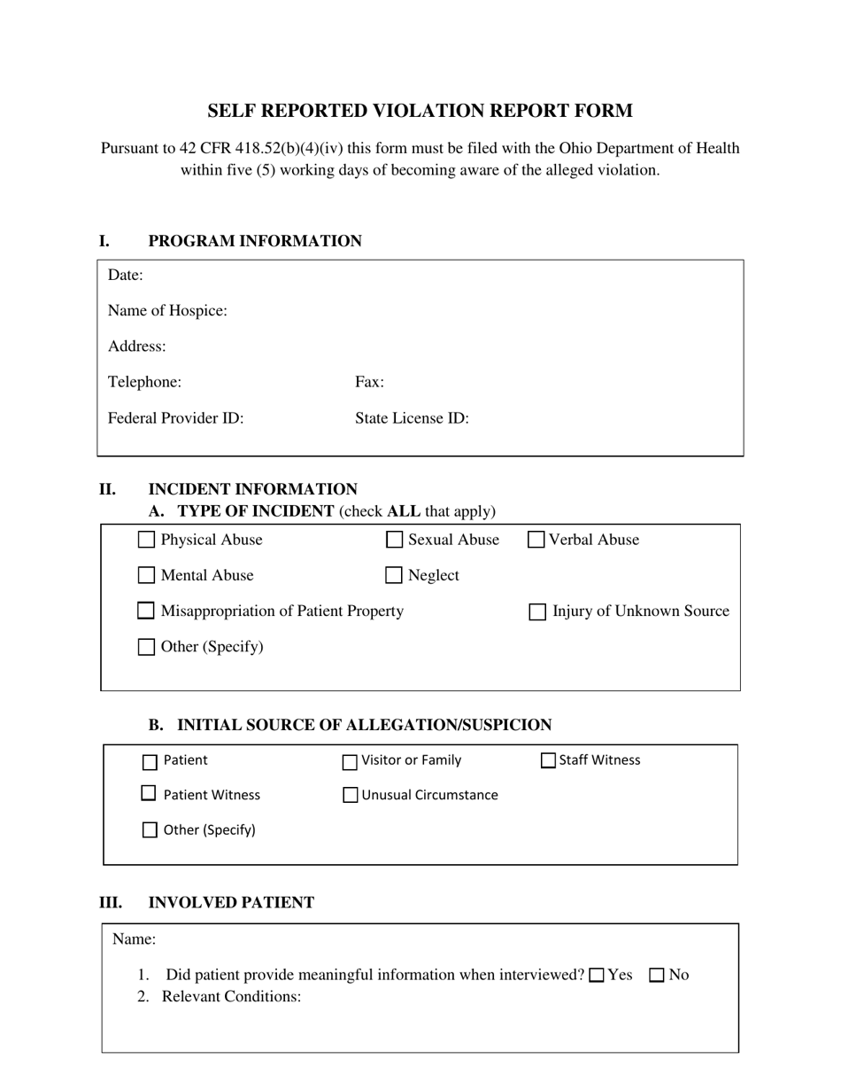 Self Reported Violation Report Form - Ohio, Page 1