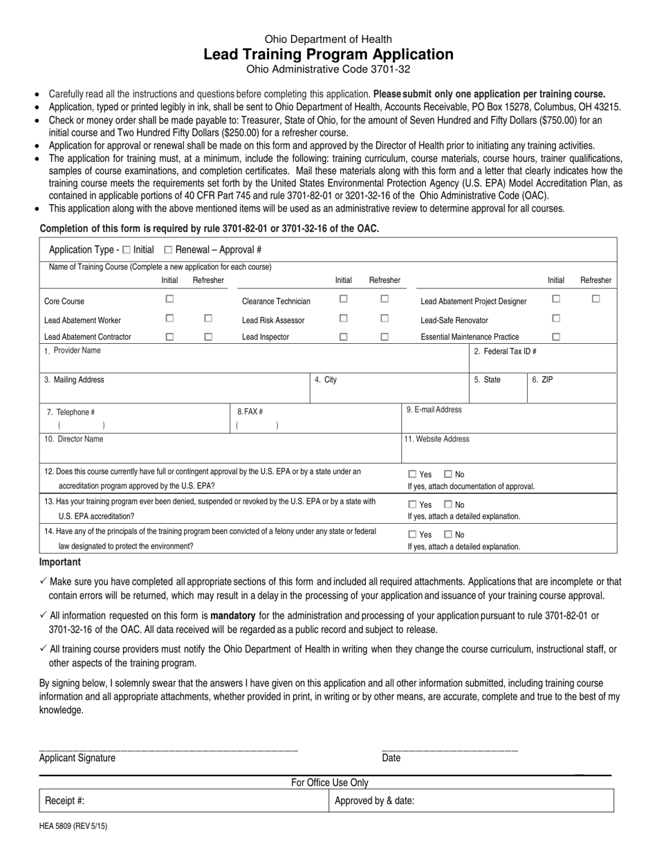 Form HEA5809 Lead Training Program Application - Ohio, Page 1