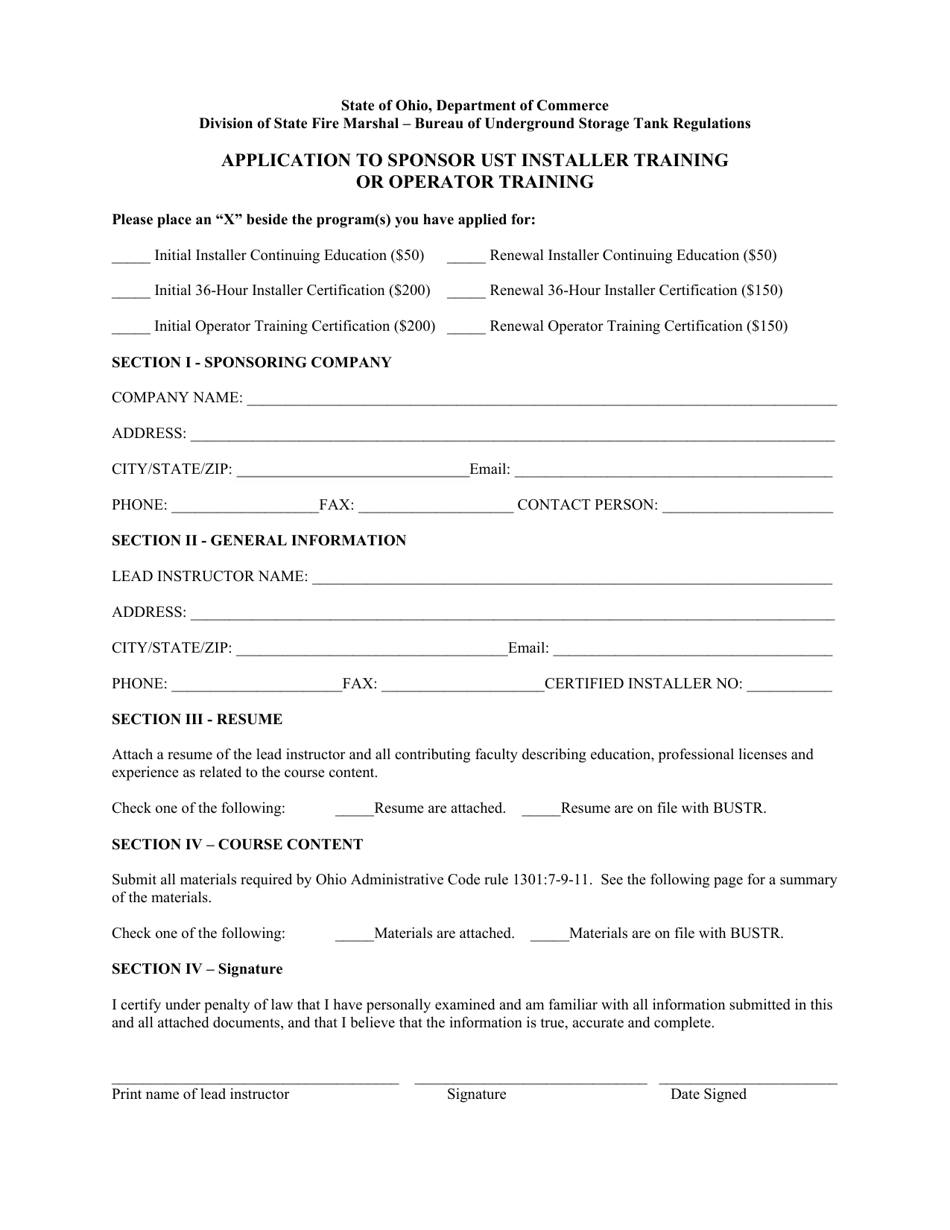 Application to Sponsor Ust Installer Training or Operator Training - Ohio, Page 1