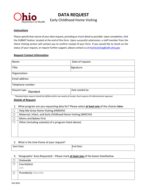 Form HEA8042 Data Request - Early Childhood Home Visiting - Ohio