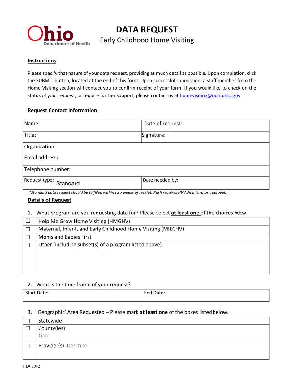 Form HEA8042 Data Request - Early Childhood Home Visiting - Ohio, Page 1