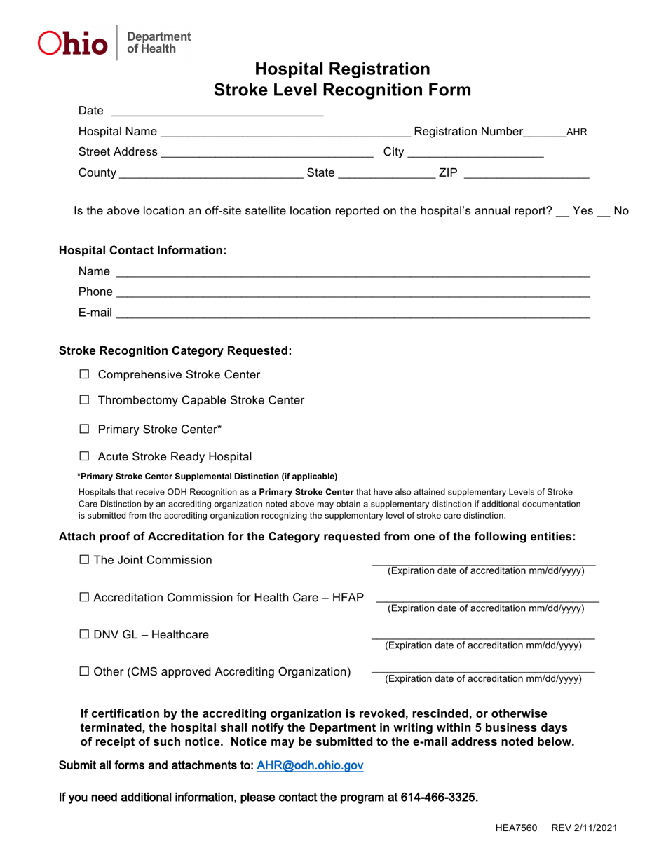 Form HEA7560 Hospital Registration Stroke Level Recognition Form - Ohio, Page 1