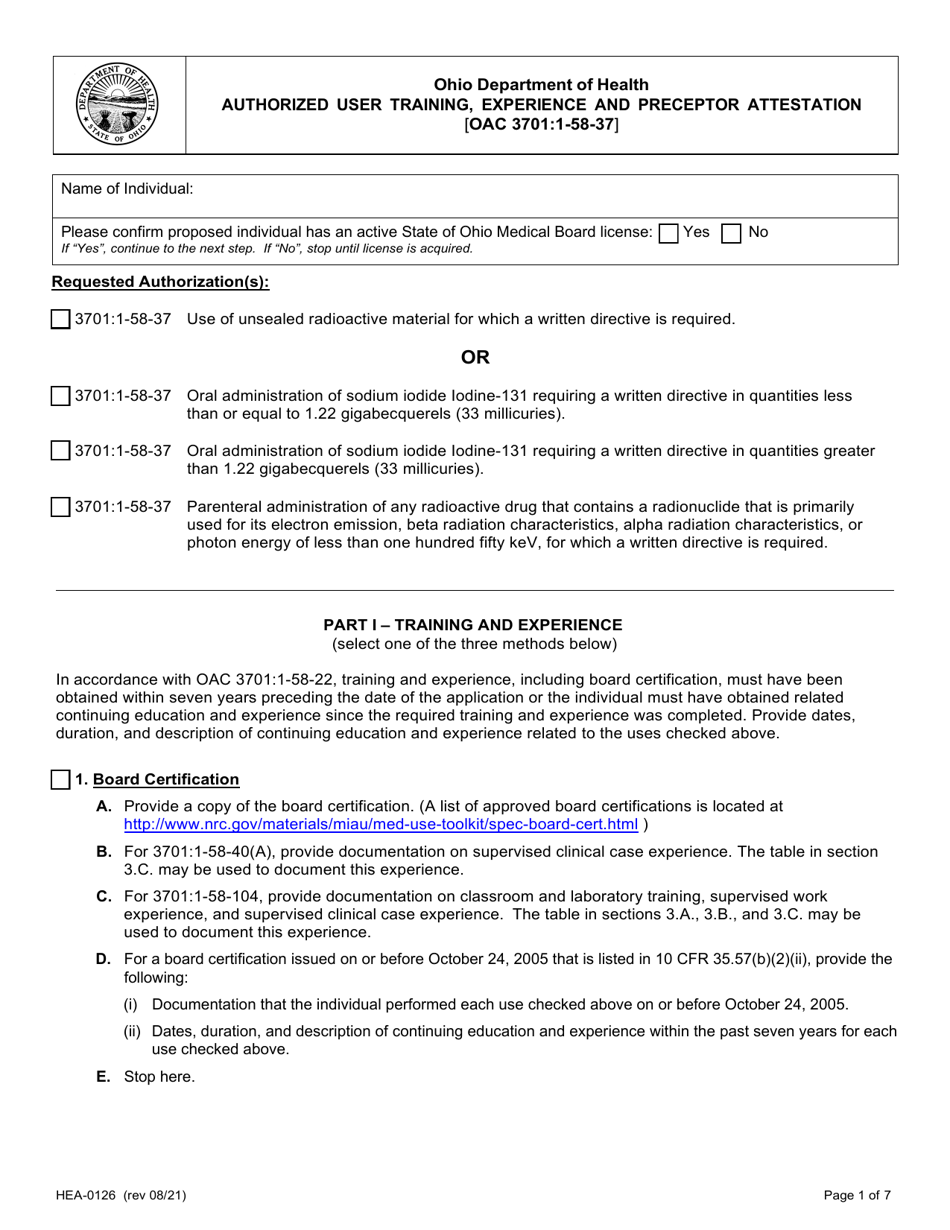 Form HEA0126 Authorized User Training, Experience and Preceptor Attestation - Ohio, Page 1