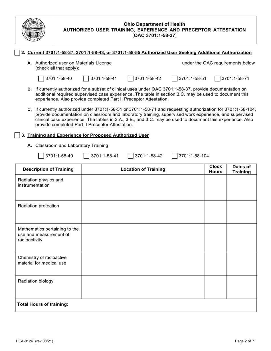 Form HEA0126 Authorized User Training, Experience and Preceptor Attestation - Ohio, Page 2