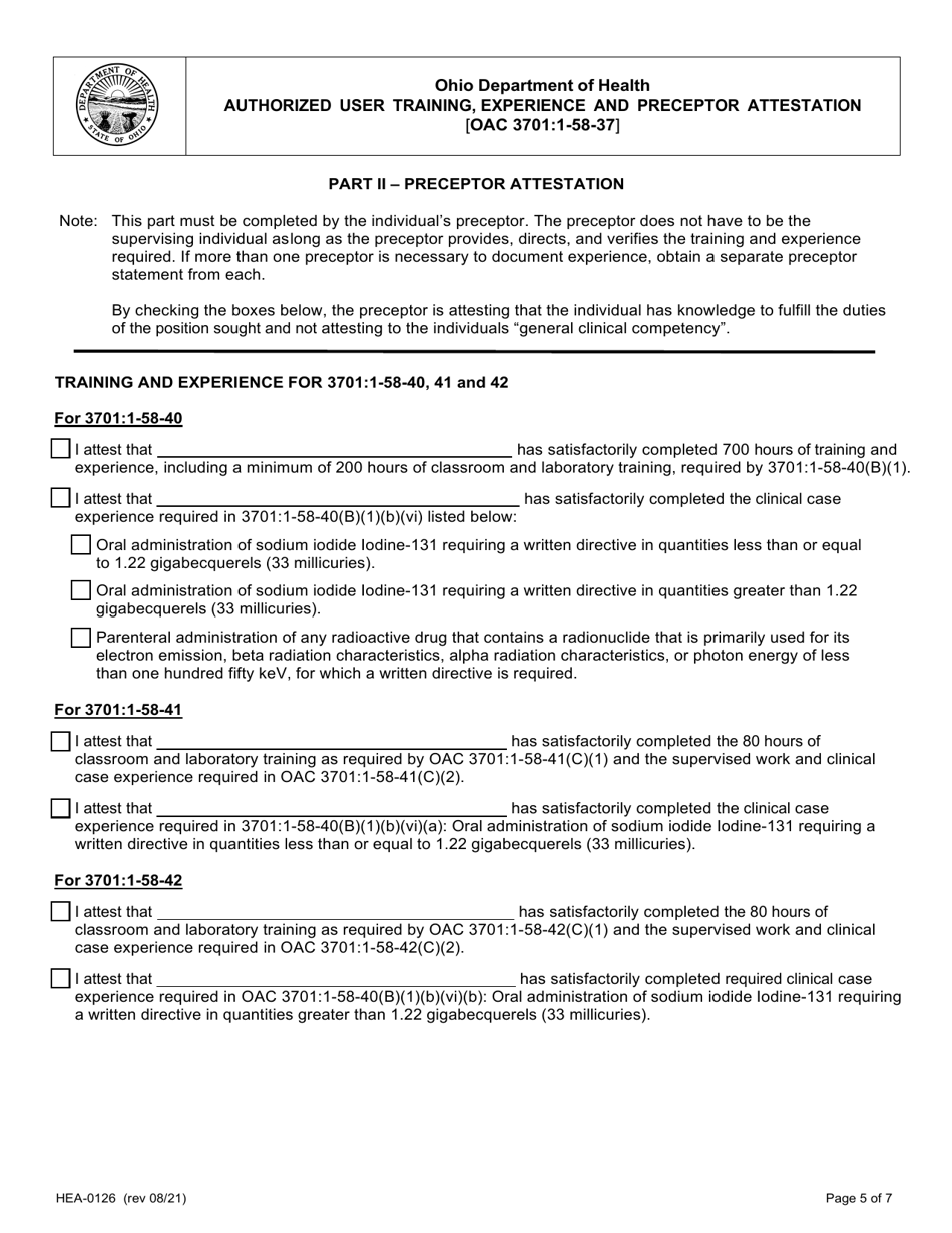 Form HEA0126 Authorized User Training, Experience and Preceptor Attestation - Ohio, Page 5