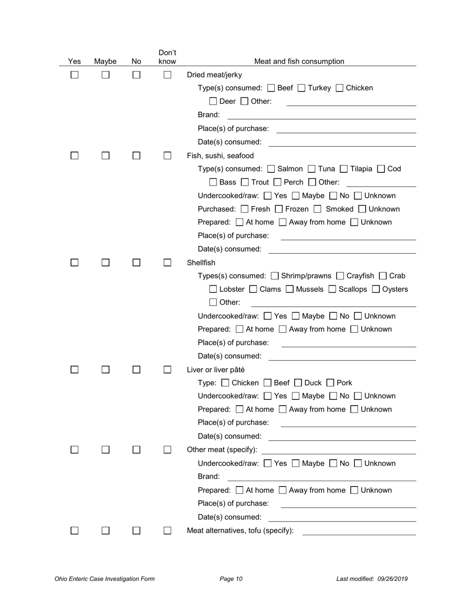 Ohio Case Investigation Form - Shigellosis - Ohio, Page 10