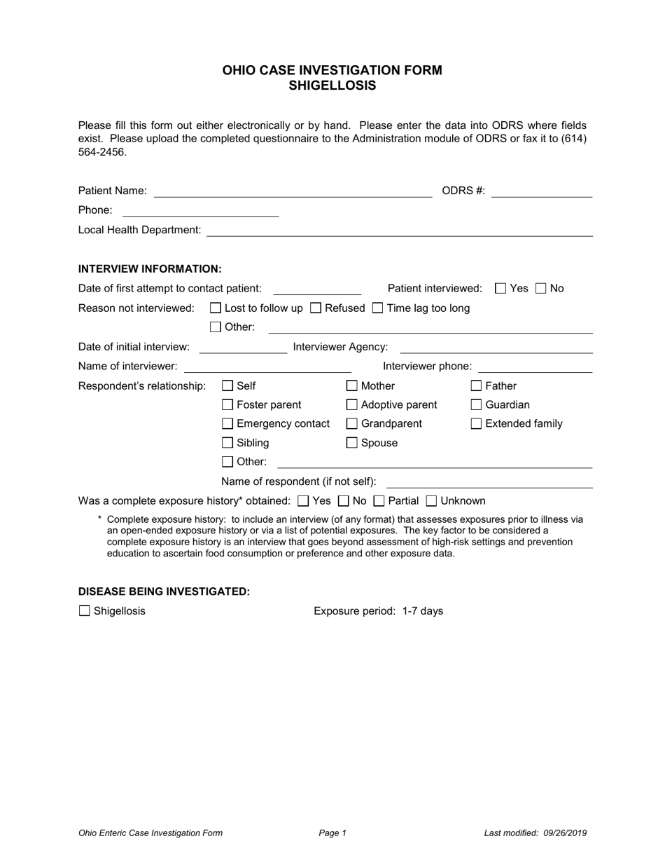 Ohio Case Investigation Form - Shigellosis - Ohio, Page 1